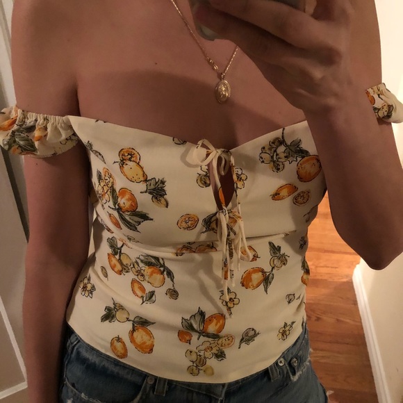 Off Shoulder Smocked Back Fruit Print Top - Picture 4 of 5